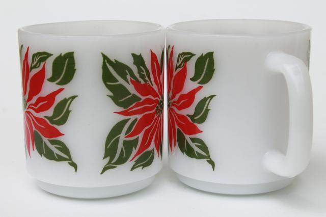 photo of vintage Glasbake milk glass mugs, holiday Christmas poinsettias red & green #4