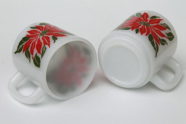 photo of vintage Glasbake milk glass mugs, holiday Christmas poinsettias red & green #5