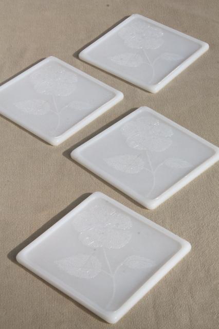 photo of vintage Glasbake milk glass trivet tiles with flowers, set of heat proof glass trivets #1