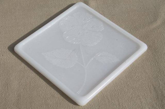 photo of vintage Glasbake milk glass trivet tiles with flowers, set of heat proof glass trivets #3