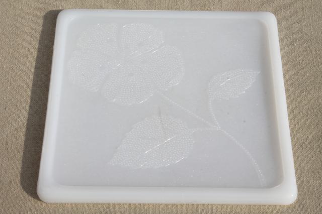 photo of vintage Glasbake milk glass trivet tiles with flowers, set of heat proof glass trivets #4