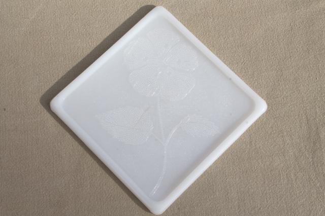 photo of vintage Glasbake milk glass trivet tiles with flowers, set of heat proof glass trivets #5