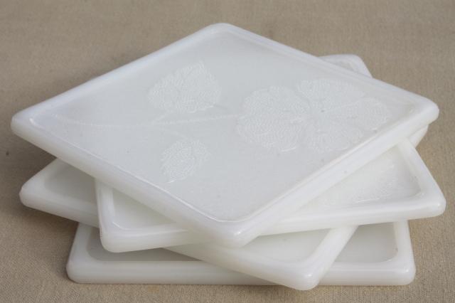 photo of vintage Glasbake milk glass trivet tiles with flowers, set of heat proof glass trivets #8