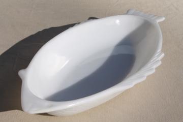 catalog photo of vintage Glasbake milk glass white fish dish, large platter serving plate tray