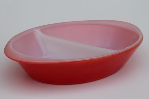 photo of vintage Glasbake oven proof primary red milk glass divided casserole dish #1