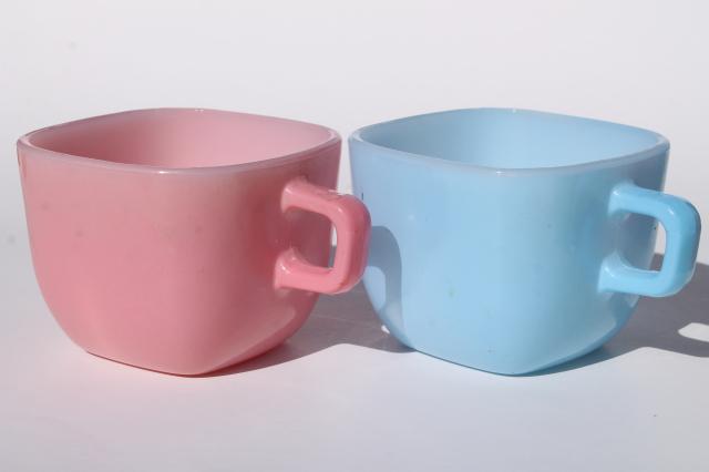 photo of vintage Glasbake square mugs, Lipton's soup cups retro colors milk glass #3