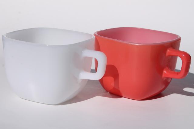 photo of vintage Glasbake square mugs, Lipton's soup cups retro colors milk glass #4