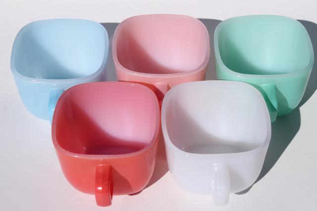 photo of vintage Glasbake square mugs, Lipton's soup cups retro colors milk glass #7