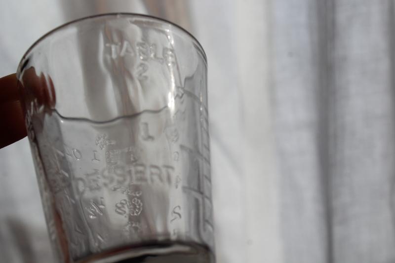 photo of vintage Glasco medicine glasses, shot glass size w/ embossed measures marked doses #3