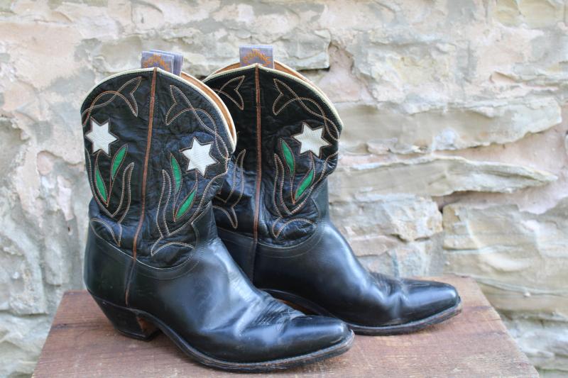 photo of vintage Goding cowboy boots, black leather w/ white star flowers, cow girl boots #1