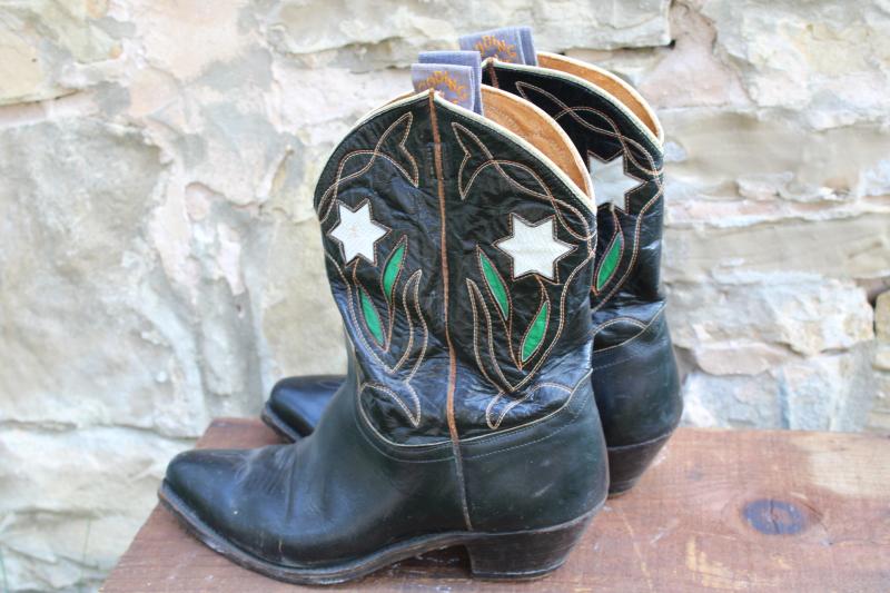 photo of vintage Goding cowboy boots, black leather w/ white star flowers, cow girl boots #6