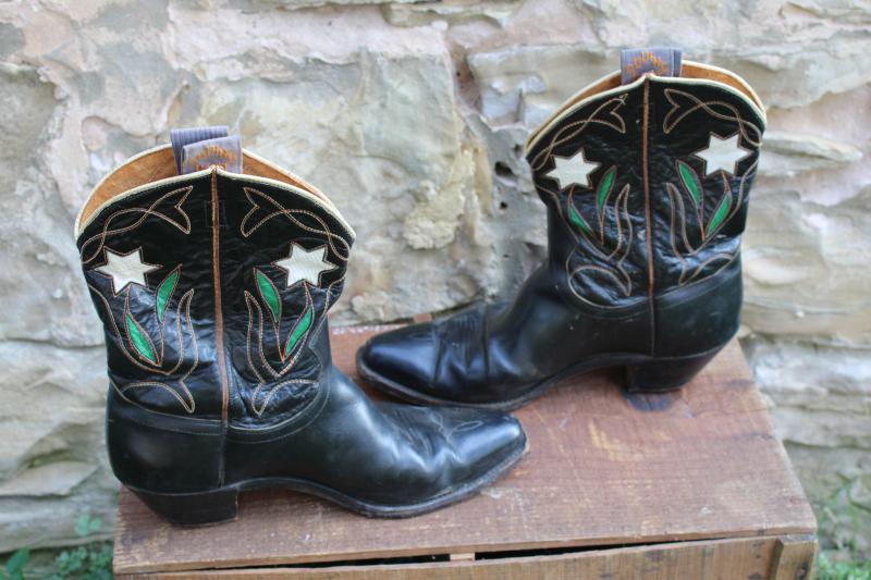 photo of vintage Goding cowboy boots, black leather w/ white star flowers, cow girl boots #7