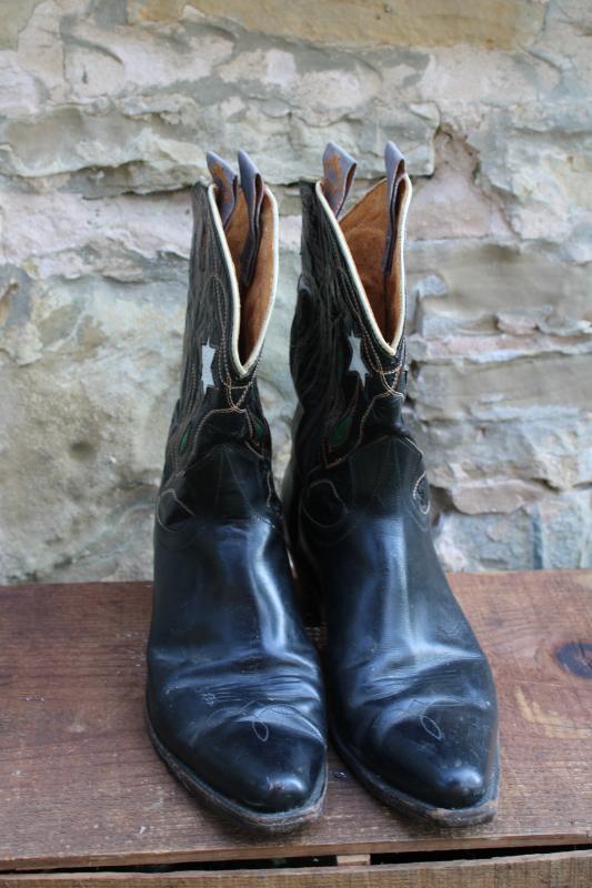 photo of vintage Goding cowboy boots, black leather w/ white star flowers, cow girl boots #11