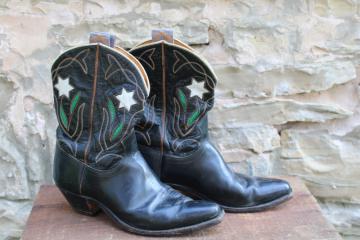 catalog photo of vintage Goding cowboy boots, black leather w/ white star flowers, cow girl boots