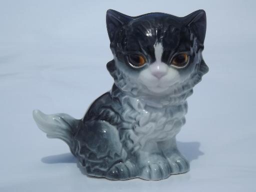 photo of vintage Goebel china cat figurine, black and white long haired kitten #1