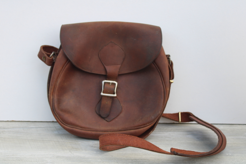 photo of vintage Gokey label heavy leather satchel shoulder bag, 1940s 50s hunting shooting bag #1