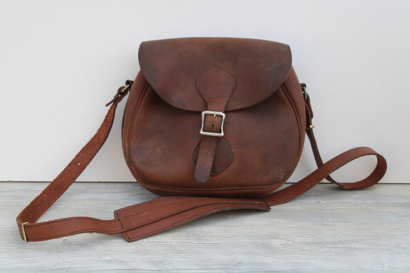 photo of vintage Gokey label heavy leather satchel shoulder bag, 1940s 50s hunting shooting bag #2
