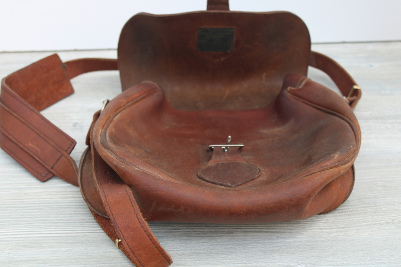 photo of vintage Gokey label heavy leather satchel shoulder bag, 1940s 50s hunting shooting bag #5