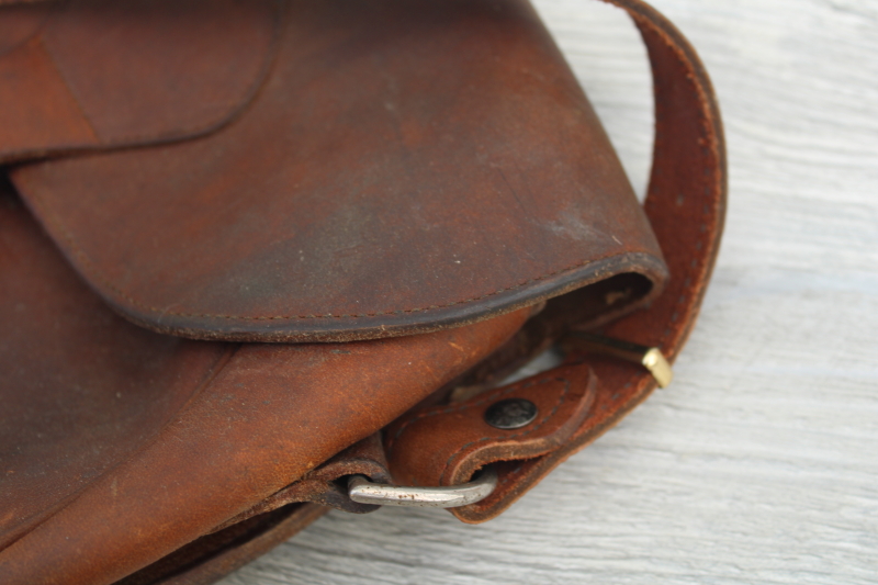 photo of vintage Gokey label heavy leather satchel shoulder bag, 1940s 50s hunting shooting bag #10