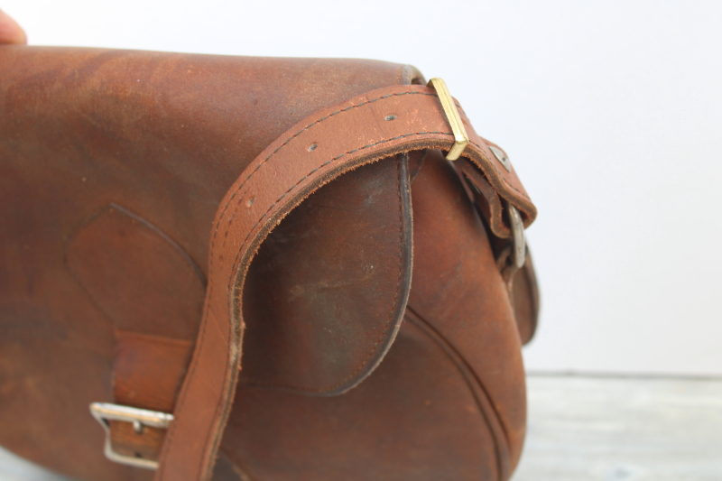 photo of vintage Gokey label heavy leather satchel shoulder bag, 1940s 50s hunting shooting bag #11
