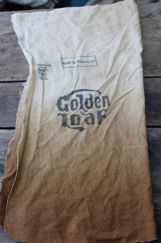 photo of vintage Golden Loaf flour sack, primitive coffee tea stain dip dye grubby cotton fabric #2