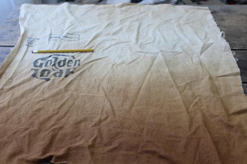 photo of vintage Golden Loaf flour sack, primitive coffee tea stain dip dye grubby cotton fabric #4