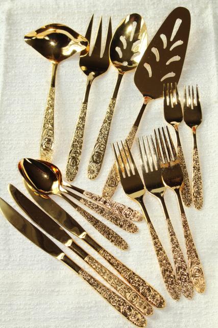 photo of vintage Golden Ware gold electroplate flatware, never used Stanley Roberts all over flowers #1