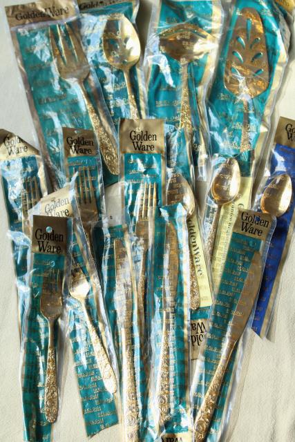 photo of vintage Golden Ware gold electroplate flatware, never used Stanley Roberts all over flowers #2