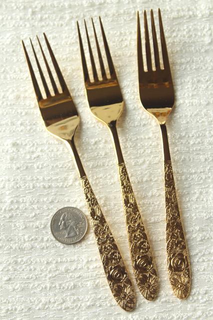 photo of vintage Golden Ware gold electroplate flatware, never used Stanley Roberts all over flowers #4