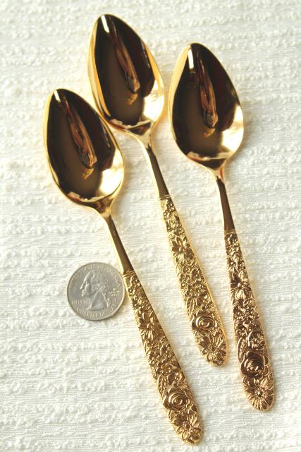 photo of vintage Golden Ware gold electroplate flatware, never used Stanley Roberts all over flowers #5
