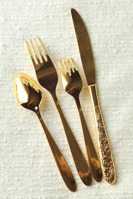 photo of vintage Golden Ware gold electroplate flatware, never used Stanley Roberts all over flowers #7