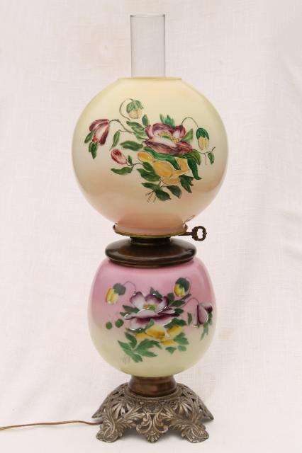 photo of vintage Gone With The Wind lamp w/ chimney shade & pansies hand painted glass globe #1