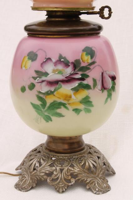 photo of vintage Gone With The Wind lamp w/ chimney shade & pansies hand painted glass globe #6