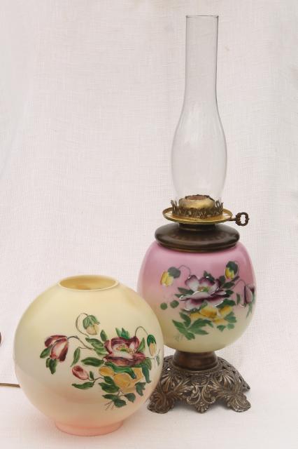 photo of vintage Gone With The Wind lamp w/ chimney shade & pansies hand painted glass globe #7