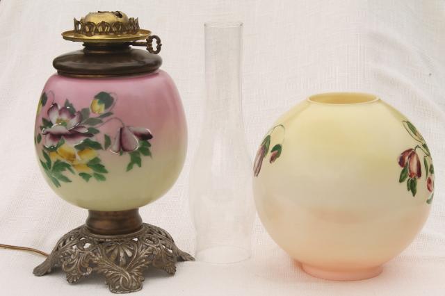 photo of vintage Gone With The Wind lamp w/ chimney shade & pansies hand painted glass globe #9