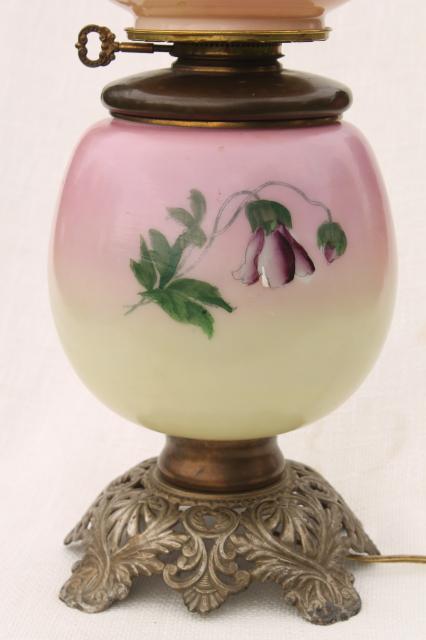 photo of vintage Gone With The Wind lamp w/ chimney shade & pansies hand painted glass globe #12