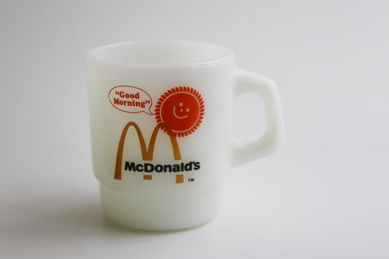 photo of vintage Good Morning McDonalds coffee mug, Fire King milk glass coffee cup #1