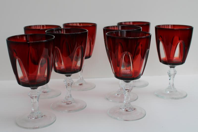 photo of vintage Gothic ruby red / clear stem goblets, water or large wine glasses made in France #1