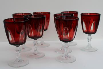 catalog photo of vintage Gothic ruby red / clear stem goblets, water or large wine glasses made in France