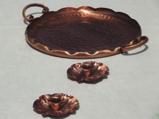 photo of vintage Gregorian copper, flower candle holders & tooled copper tray  #1