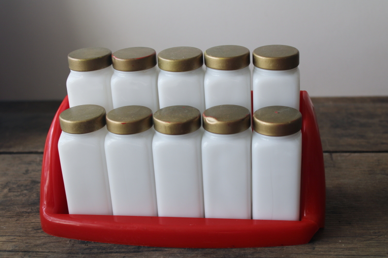 photo of vintage Griffith milk glass spice jars set w/ metal shaker inserts & lids #1