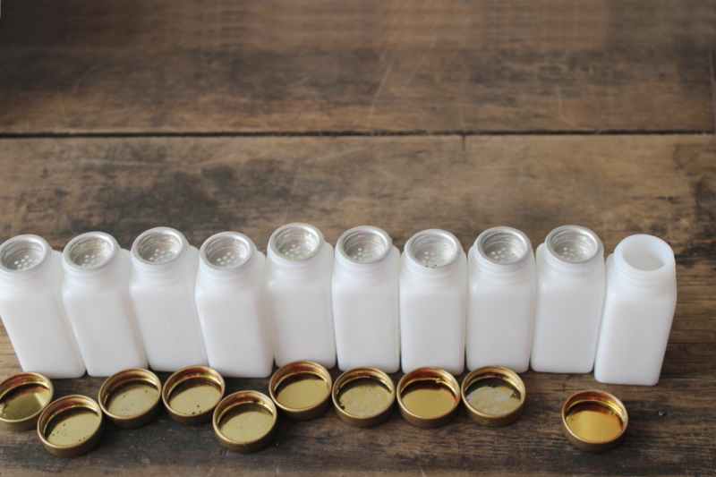 photo of vintage Griffith milk glass spice jars set w/ metal shaker inserts & lids #7