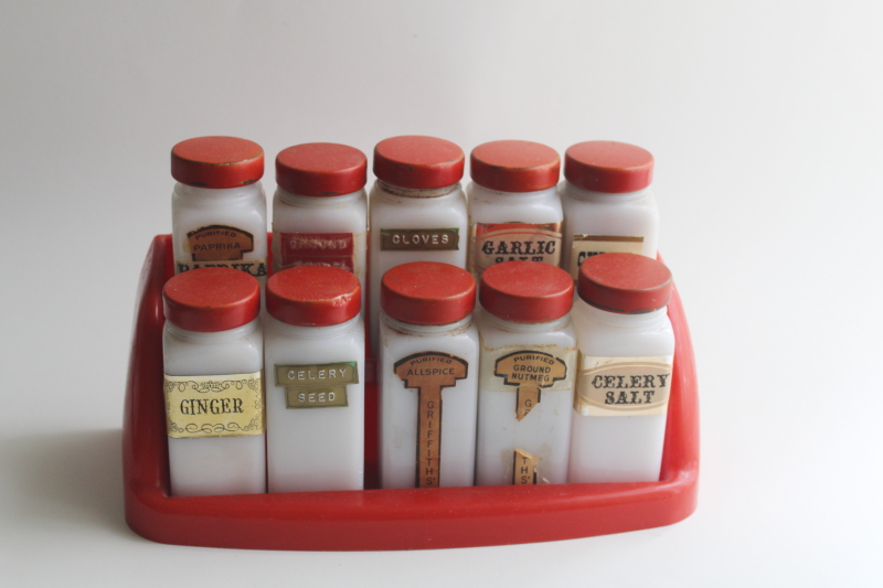 photo of vintage Griffiths spice set, red plastic spice rack w/ milk glass jars, metal shaker lids  #1