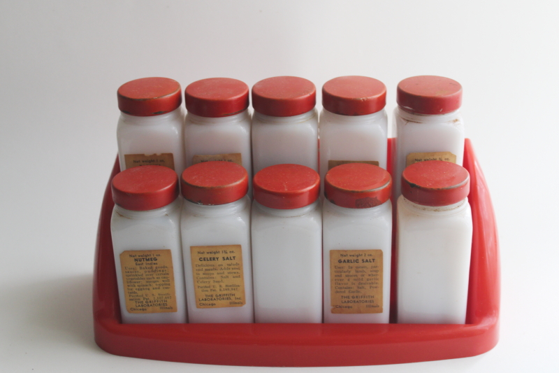 photo of vintage Griffiths spice set, red plastic spice rack w/ milk glass jars, metal shaker lids  #2