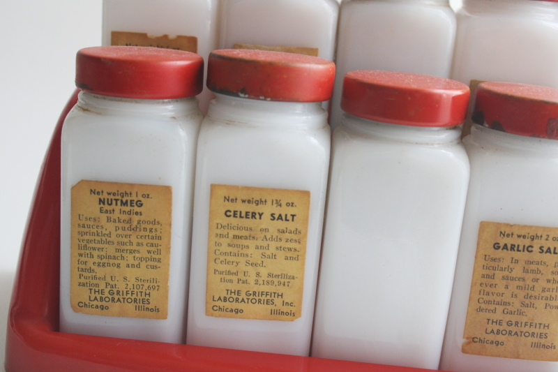 photo of vintage Griffiths spice set, red plastic spice rack w/ milk glass jars, metal shaker lids  #3