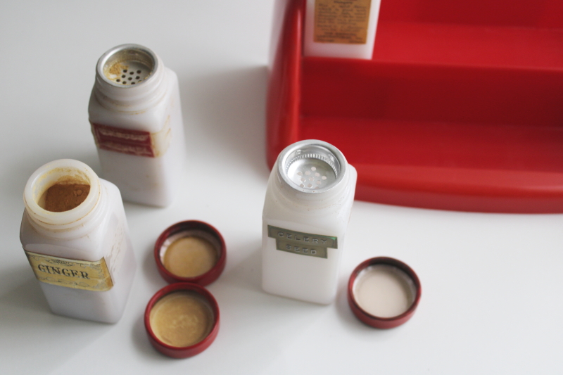 photo of vintage Griffiths spice set, red plastic spice rack w/ milk glass jars, metal shaker lids  #9