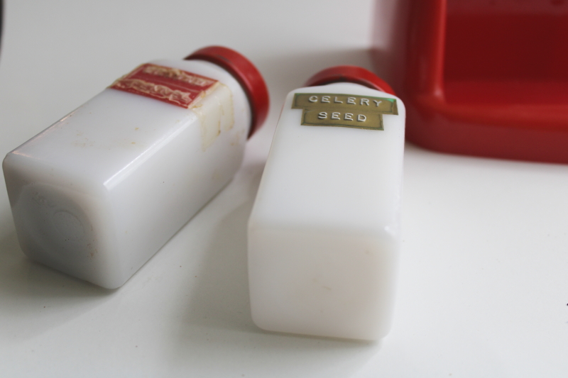 photo of vintage Griffiths spice set, red plastic spice rack w/ milk glass jars, metal shaker lids  #10