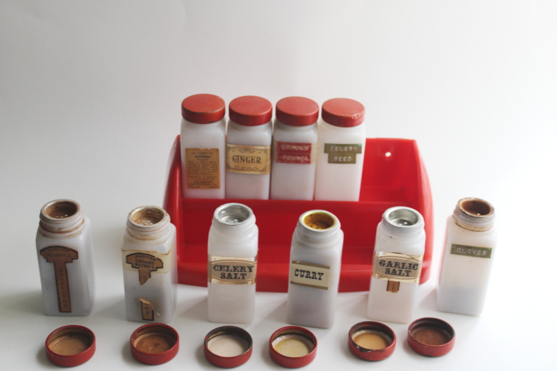 photo of vintage Griffiths spice set, red plastic spice rack w/ milk glass jars, metal shaker lids  #11