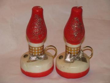 catalog photo of vintage Gurley holiday figural candle lot, pair of big old oil lamp candles