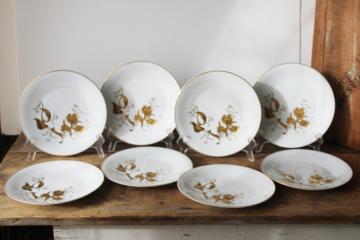 catalog photo of vintage H & Co salad or dessert plates, white porcelain w/ heavy encrusted gold iris floral 